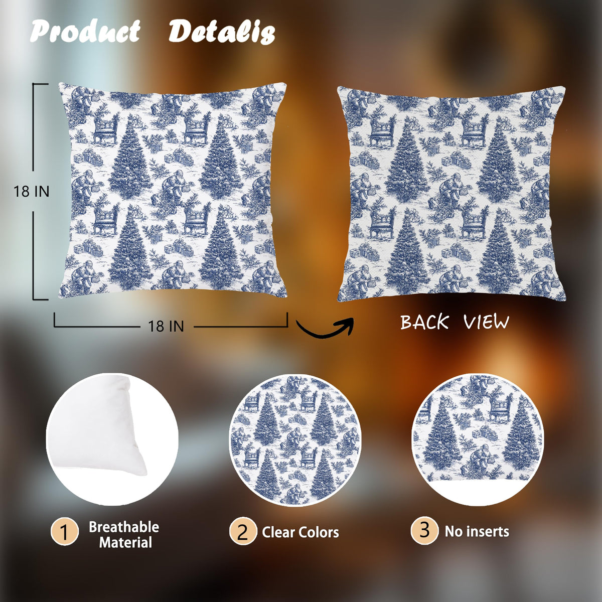 Blue Christmas Toile Pillow Covers, 18x18, Set of 2