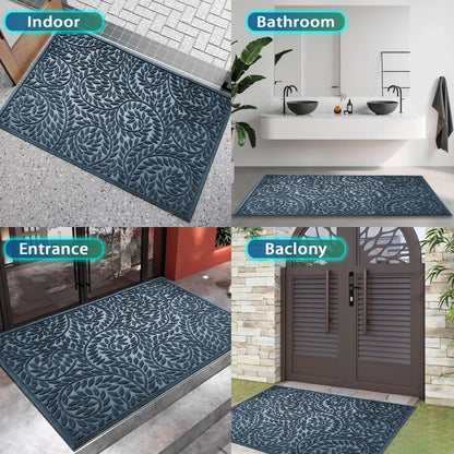 Blue Leaf Front Door Mat, Non-Slip Rubber