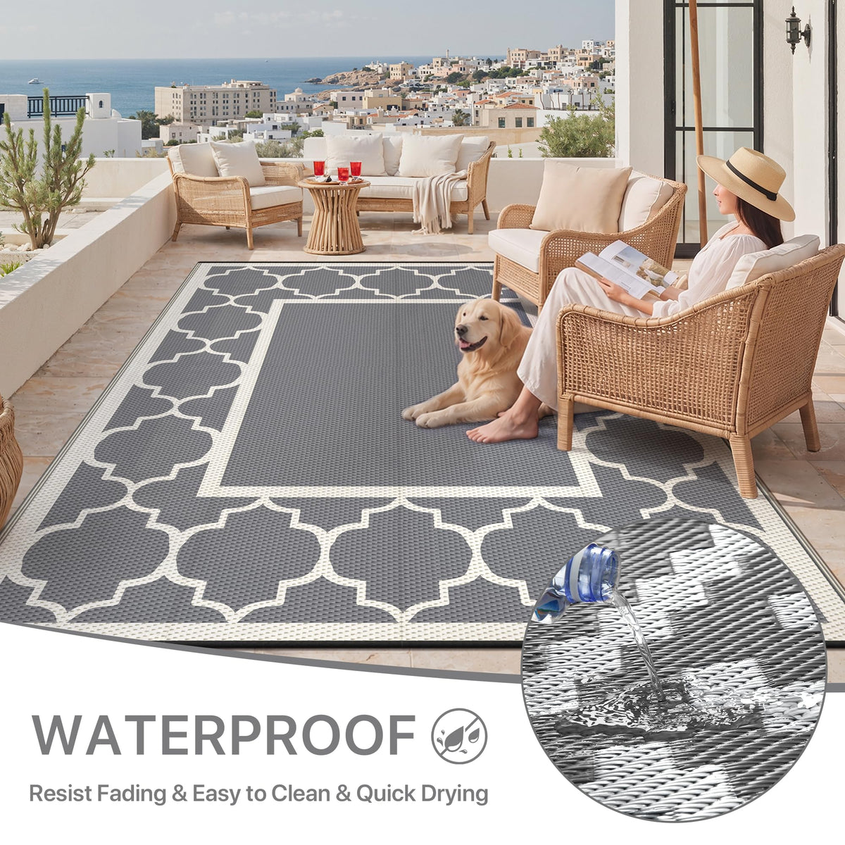 Blue and White Reversible Outdoor Rug, 5x8