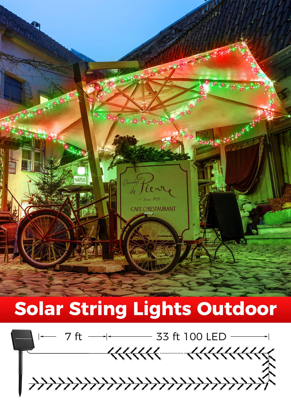 Solar Christmas String Lights, 100 LED, 40 ft
