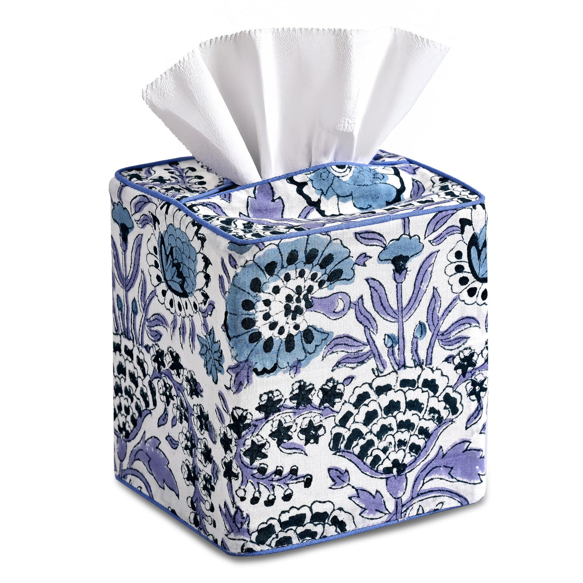 Block Print Cotton Tissue Box Cover, Apatite Blue