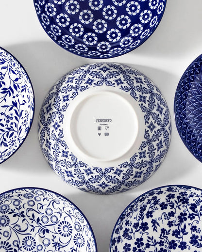 Blue and White Floral Pasta Bowls, Set of 6