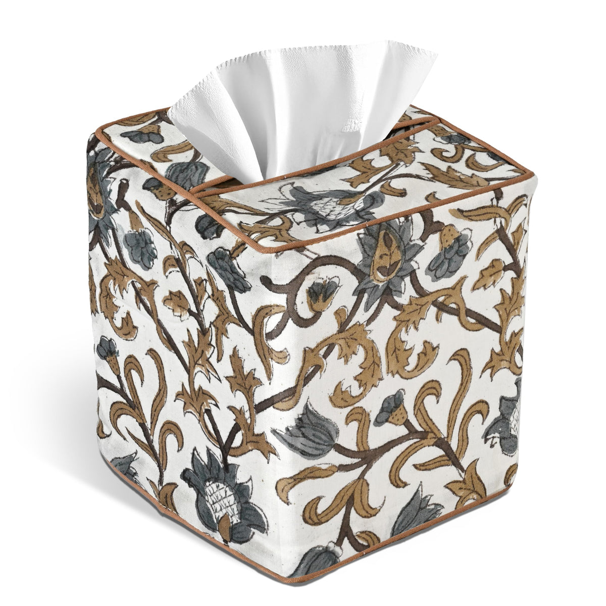 Block Print Cotton Tissue Box Cover, Apatite Blue