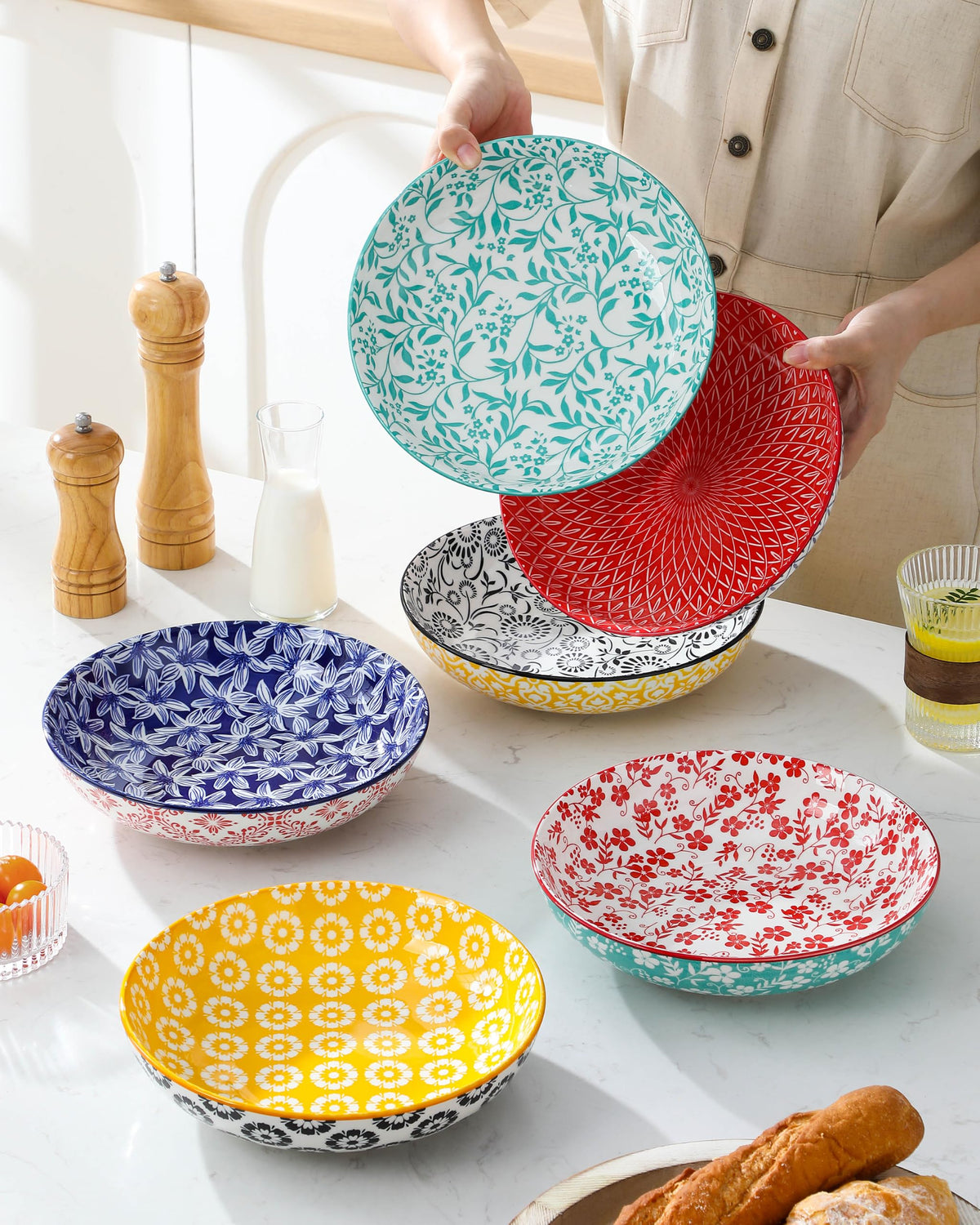 Blue and White Floral Pasta Bowls, Set of 6