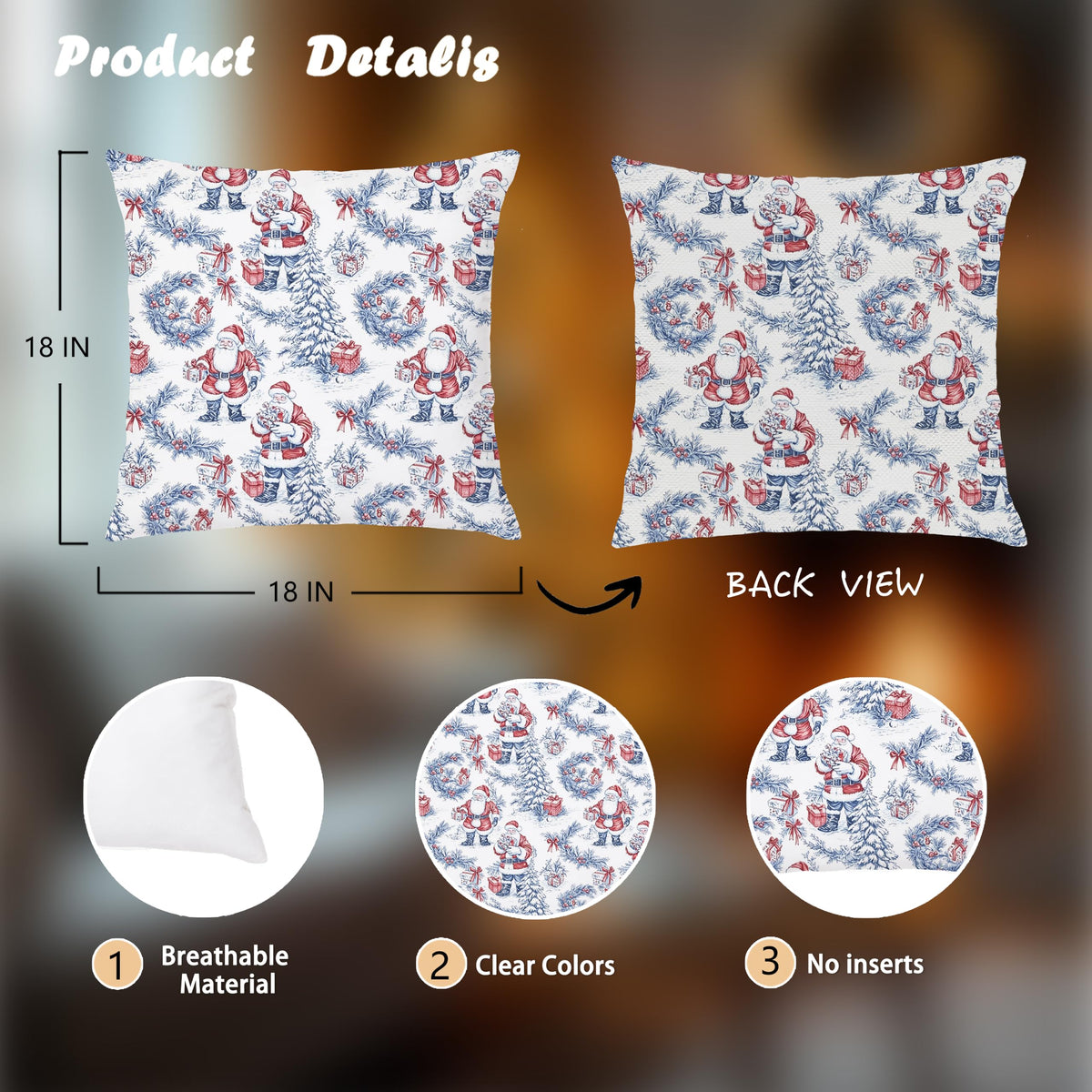 Blue Christmas Toile Pillow Covers, 18x18, Set of 2
