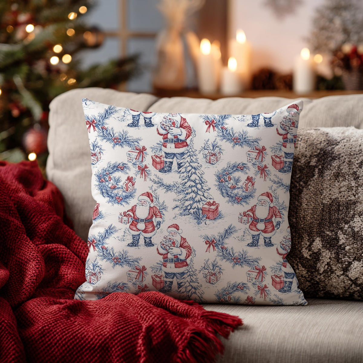 Blue Christmas Toile Pillow Covers, 18x18, Set of 2