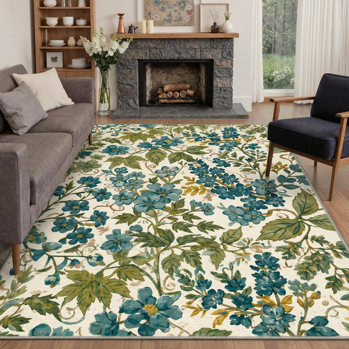 Bavni Dusty Blue Floral Washable Rug
