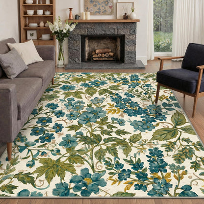 Bavni Dusty Blue Floral Washable Rug