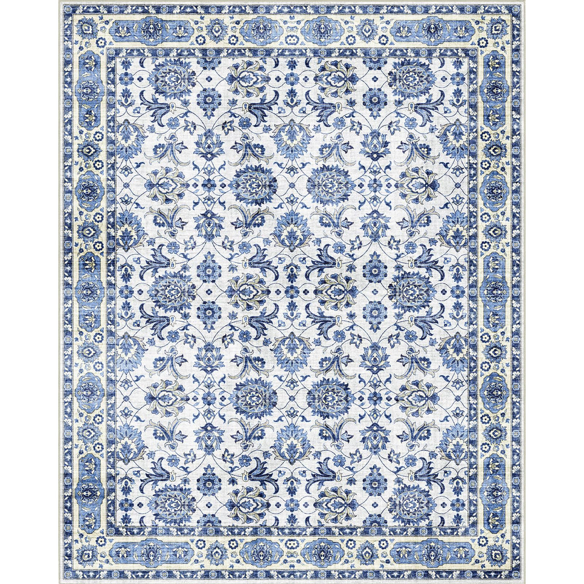 Washable Area Rug, Delft Blue Vintage Floral