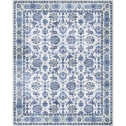 Washable Area Rug, Delft Blue Vintage Floral