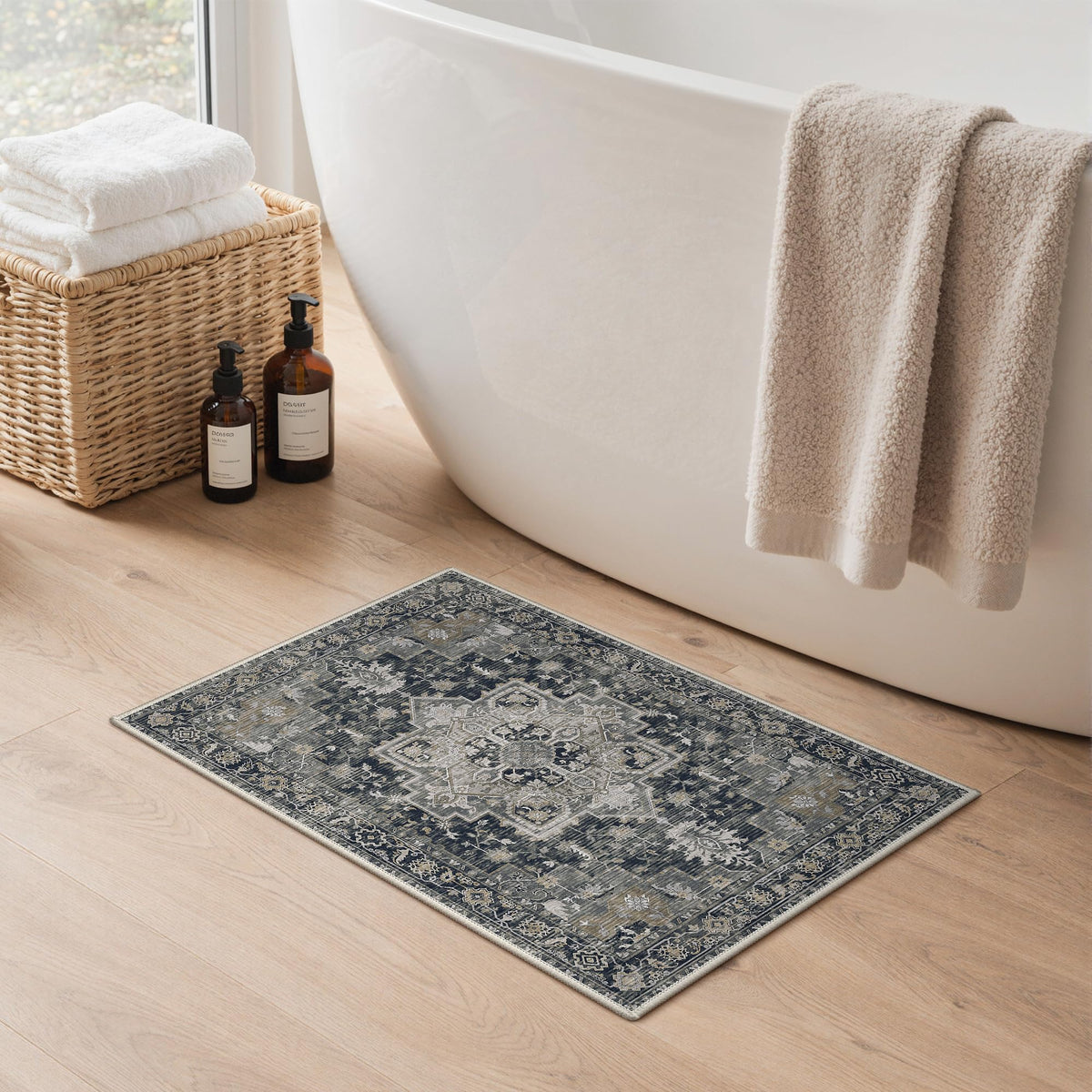 Blue Floral Boho Bath Mat, 24 x 17