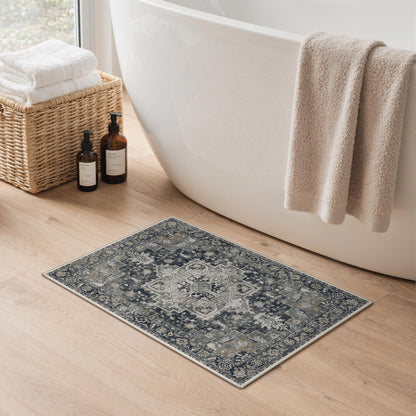 Blue Floral Boho Bath Mat, 24 x 17