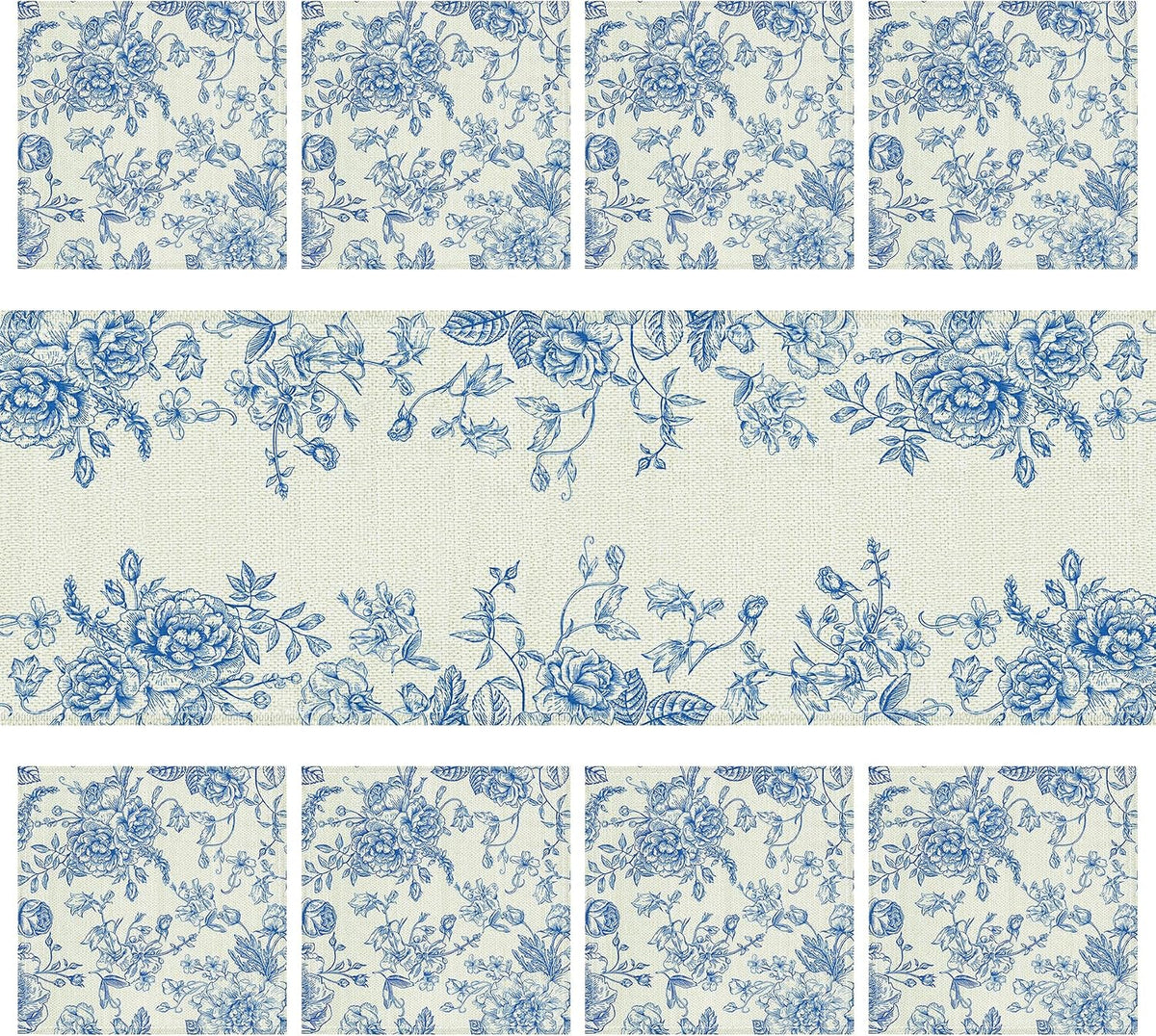 Blue and White Chinoiserie Table Runner and 8 Napkins