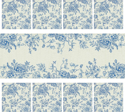 Blue and White Chinoiserie Table Runner and 8 Napkins