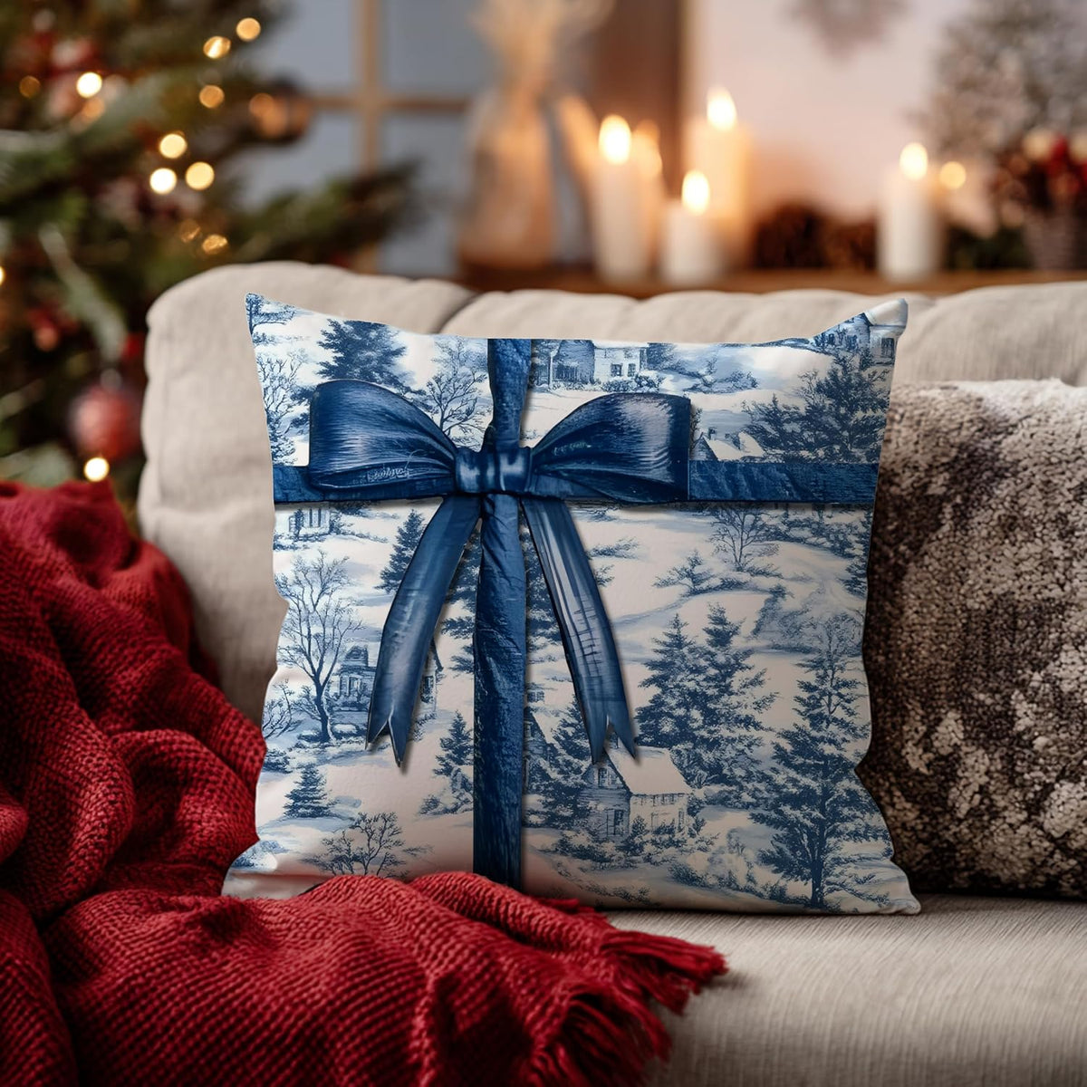 Blue Christmas Toile Pillow Covers, 18x18, Set of 2