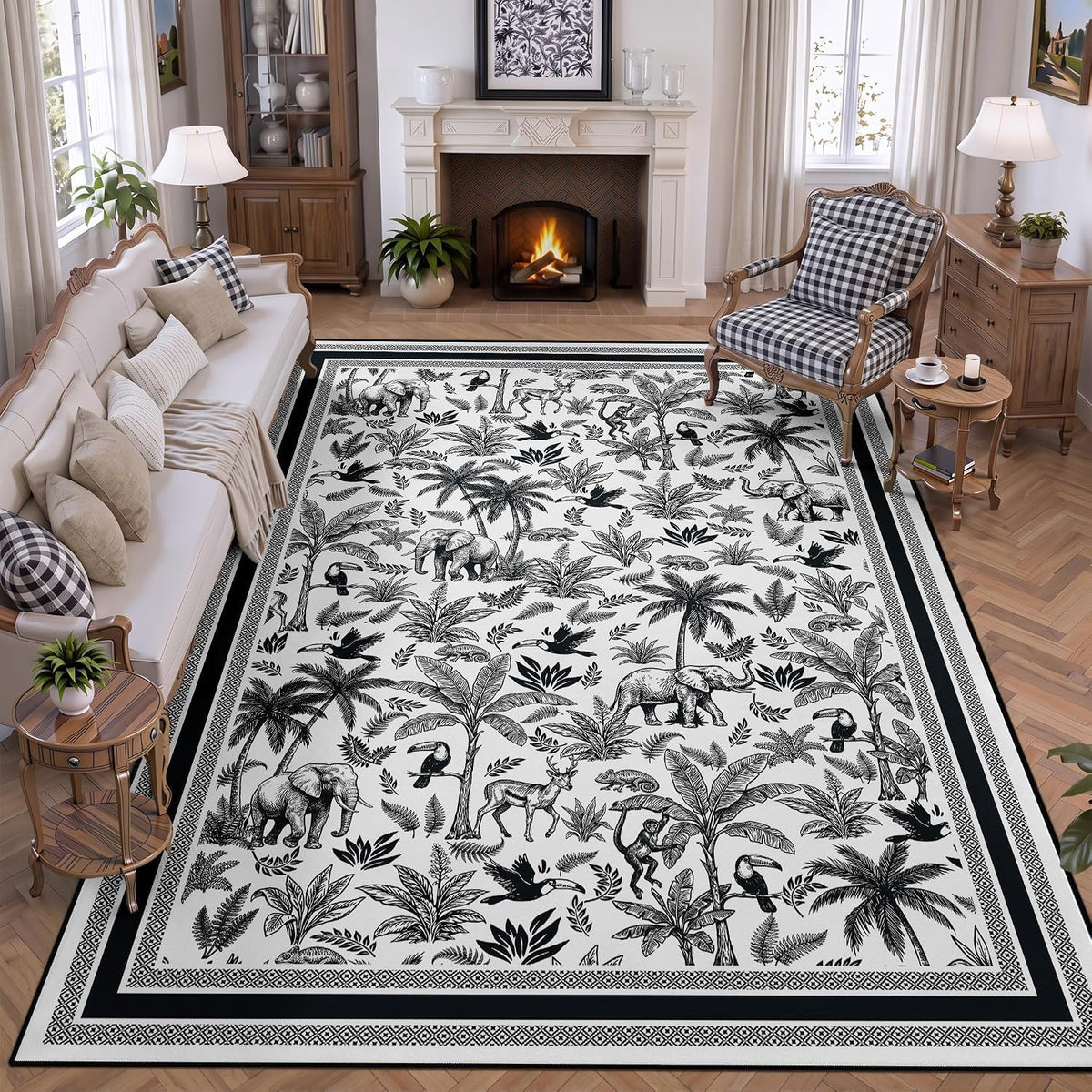 Washable French Toile Area Rug
