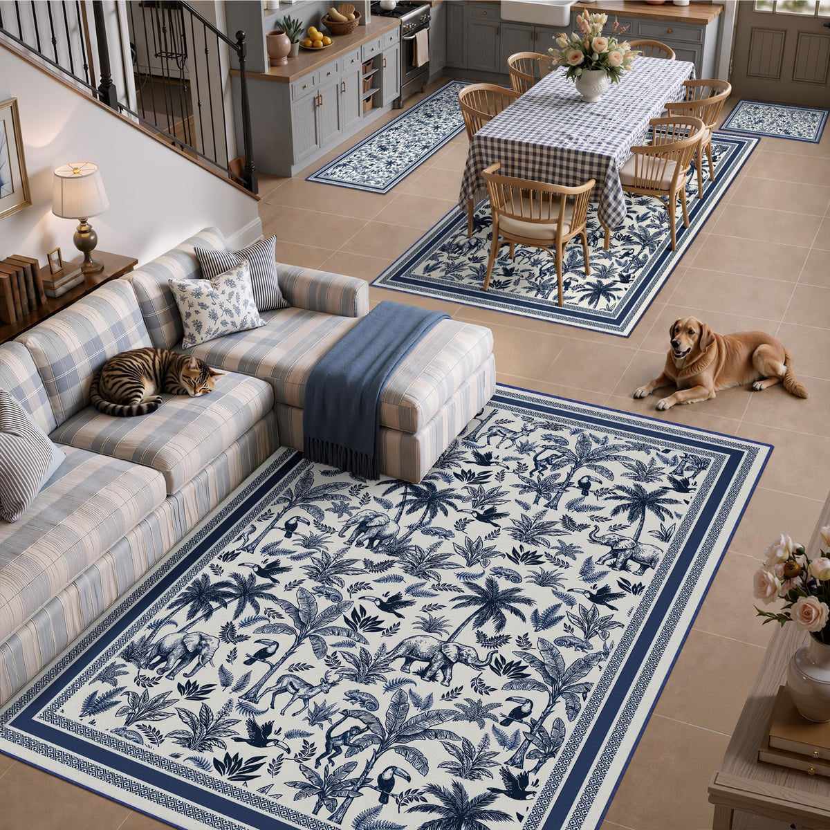 Washable French Toile Area Rug