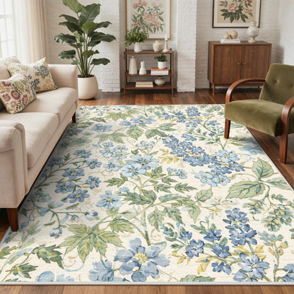 Bavni Dusty Blue Floral Washable Rug
