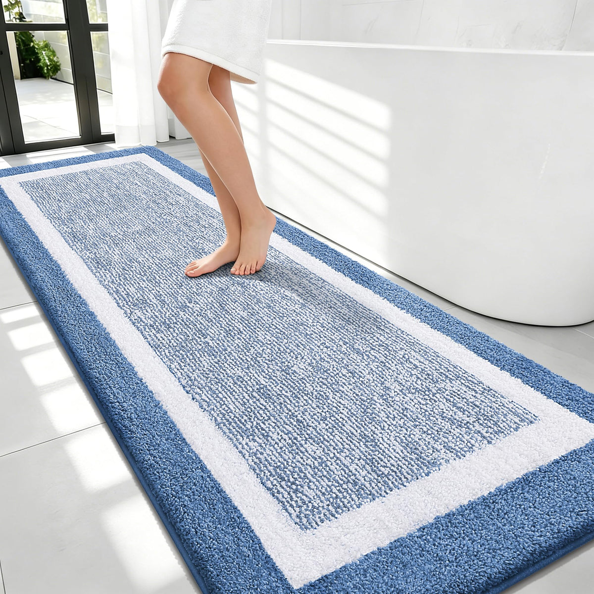 Navy and White Microfiber Bath Rug, 36 x 24