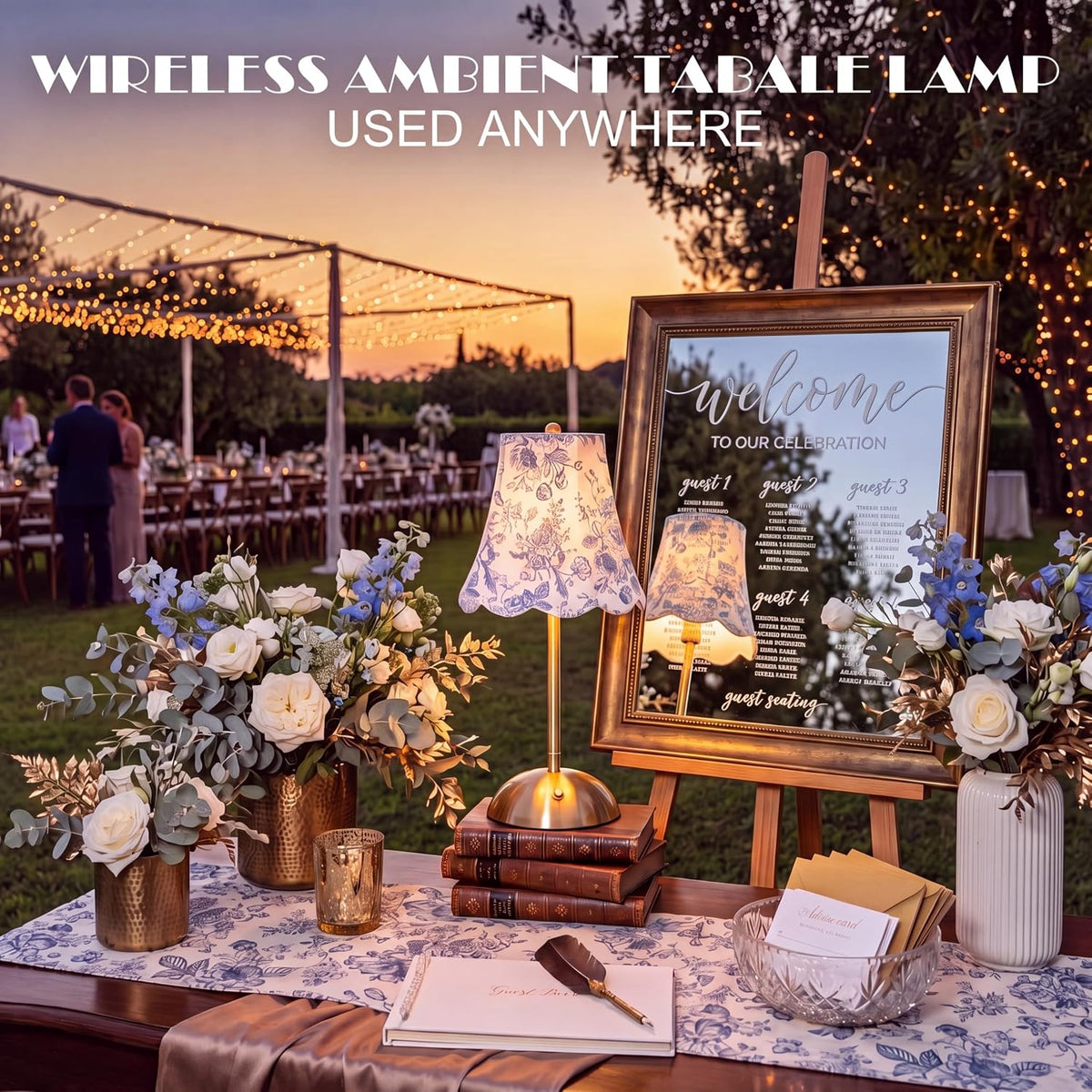 Blue Floral Cordless Table Lamp