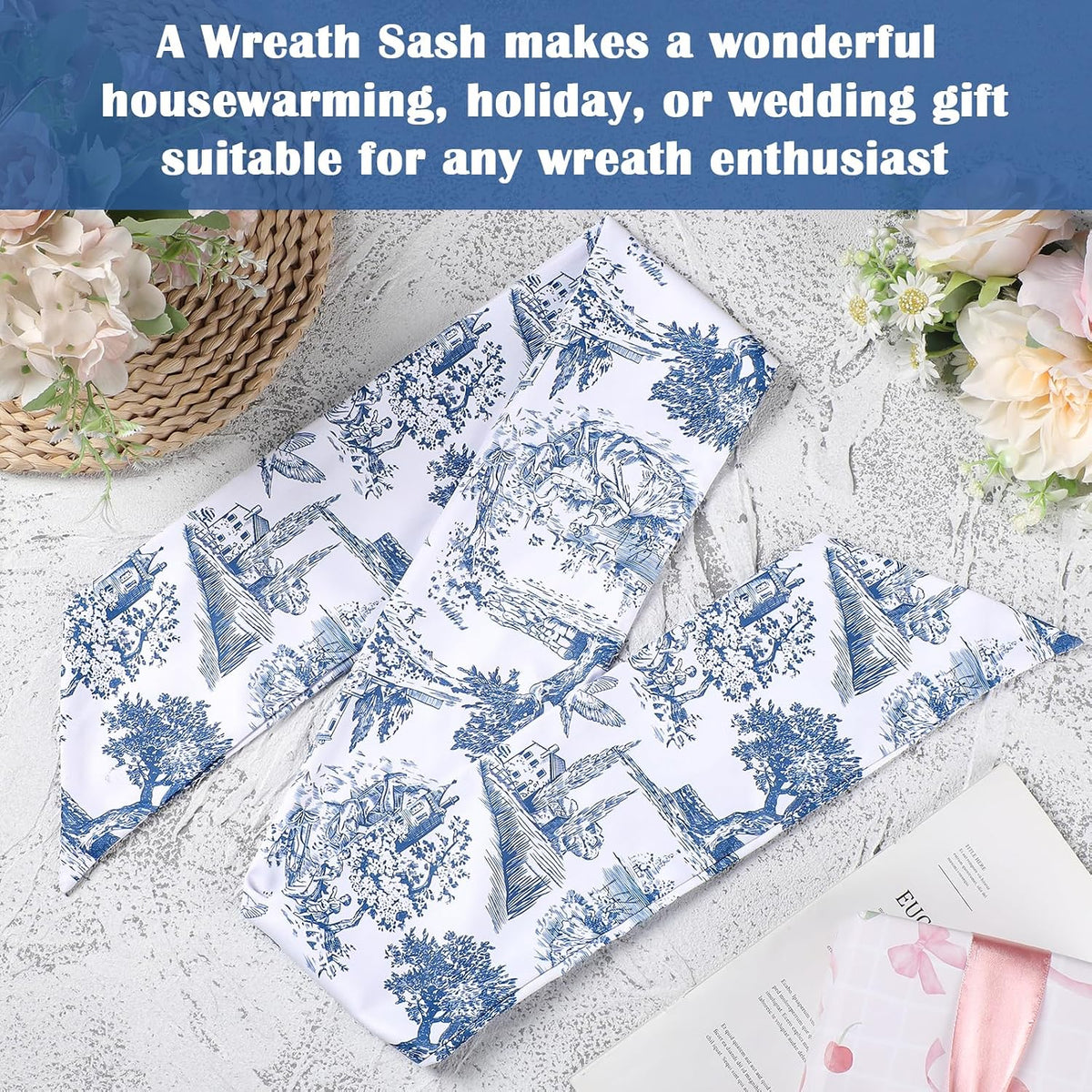Blue French Toile Wreath Sash, Set of 2