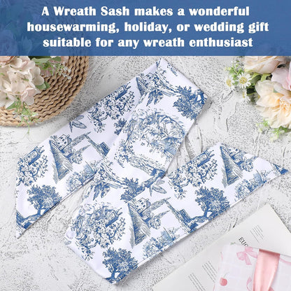 Blue French Toile Wreath Sash, Set of 2