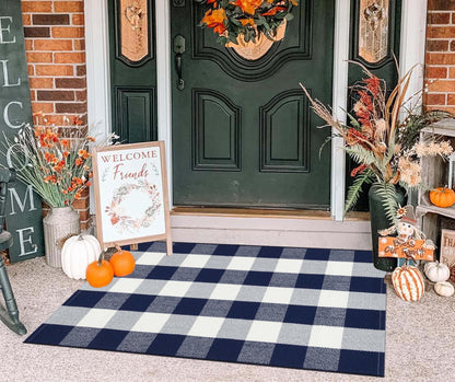 Light Blue Buffalo Plaid Cotton Door Mat, 24x35