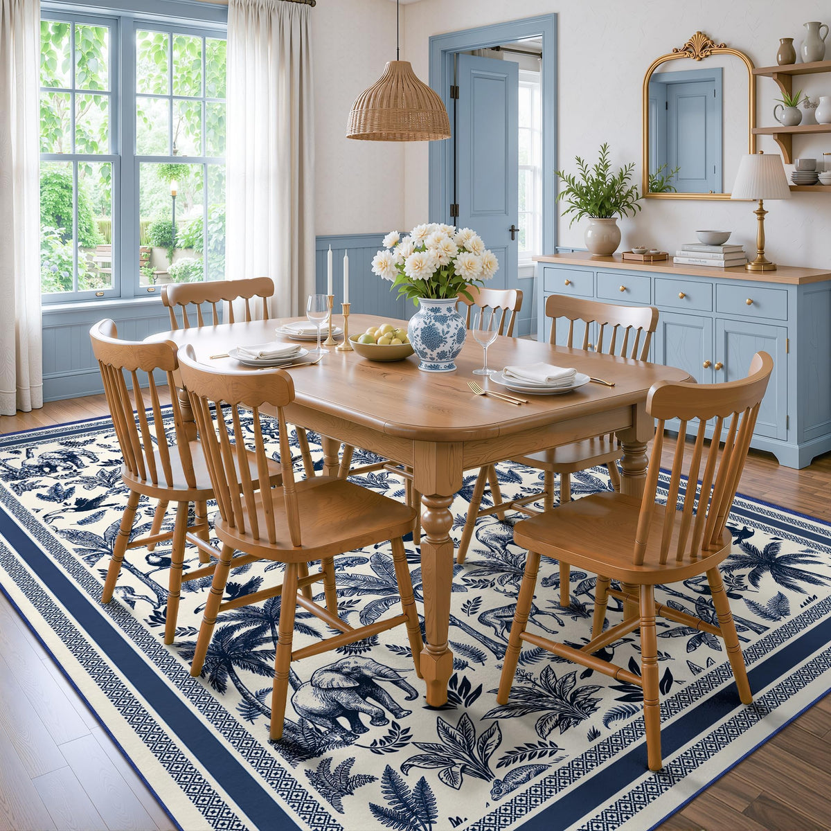 Washable French Toile Area Rug