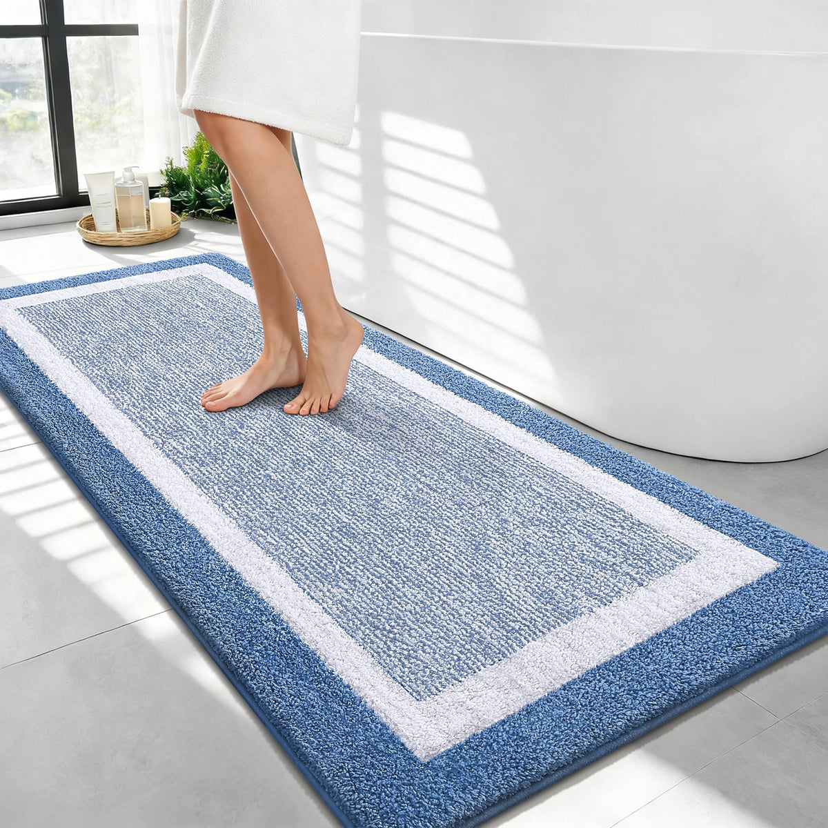 Navy and White Microfiber Bath Rug, 36 x 24