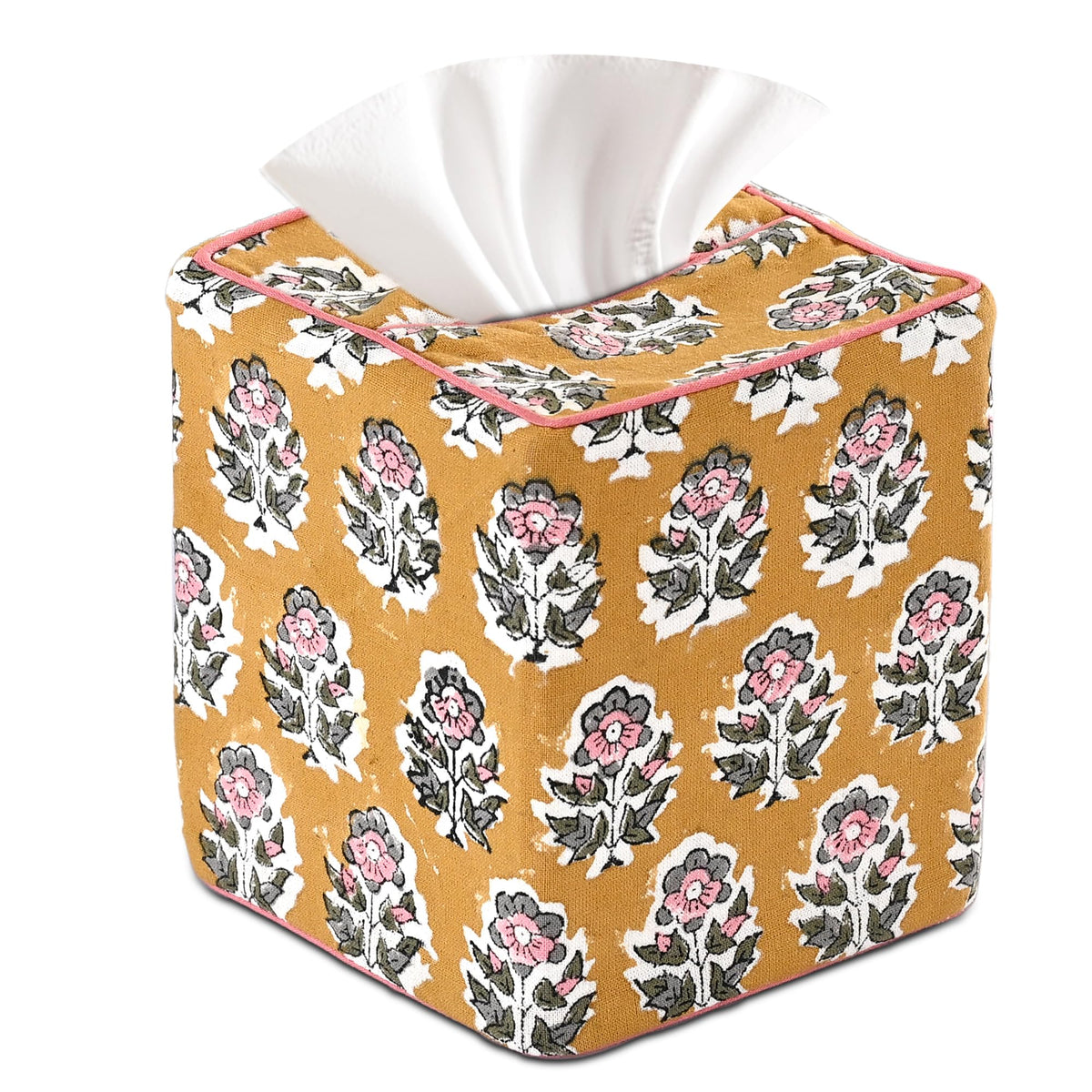 Block Print Cotton Tissue Box Cover, Apatite Blue