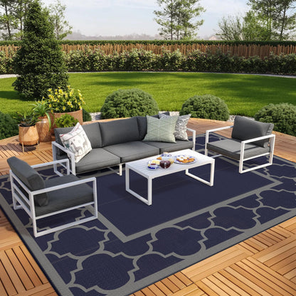 Blue and White Reversible Outdoor Rug, 5x8