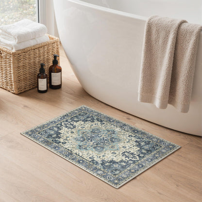Blue Floral Boho Bath Mat, 24 x 17