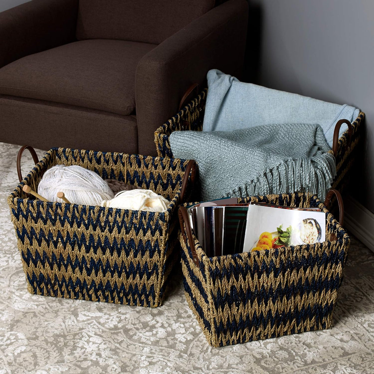 Scott Living Blue Chevron Seagrass Baskets, Set of 3