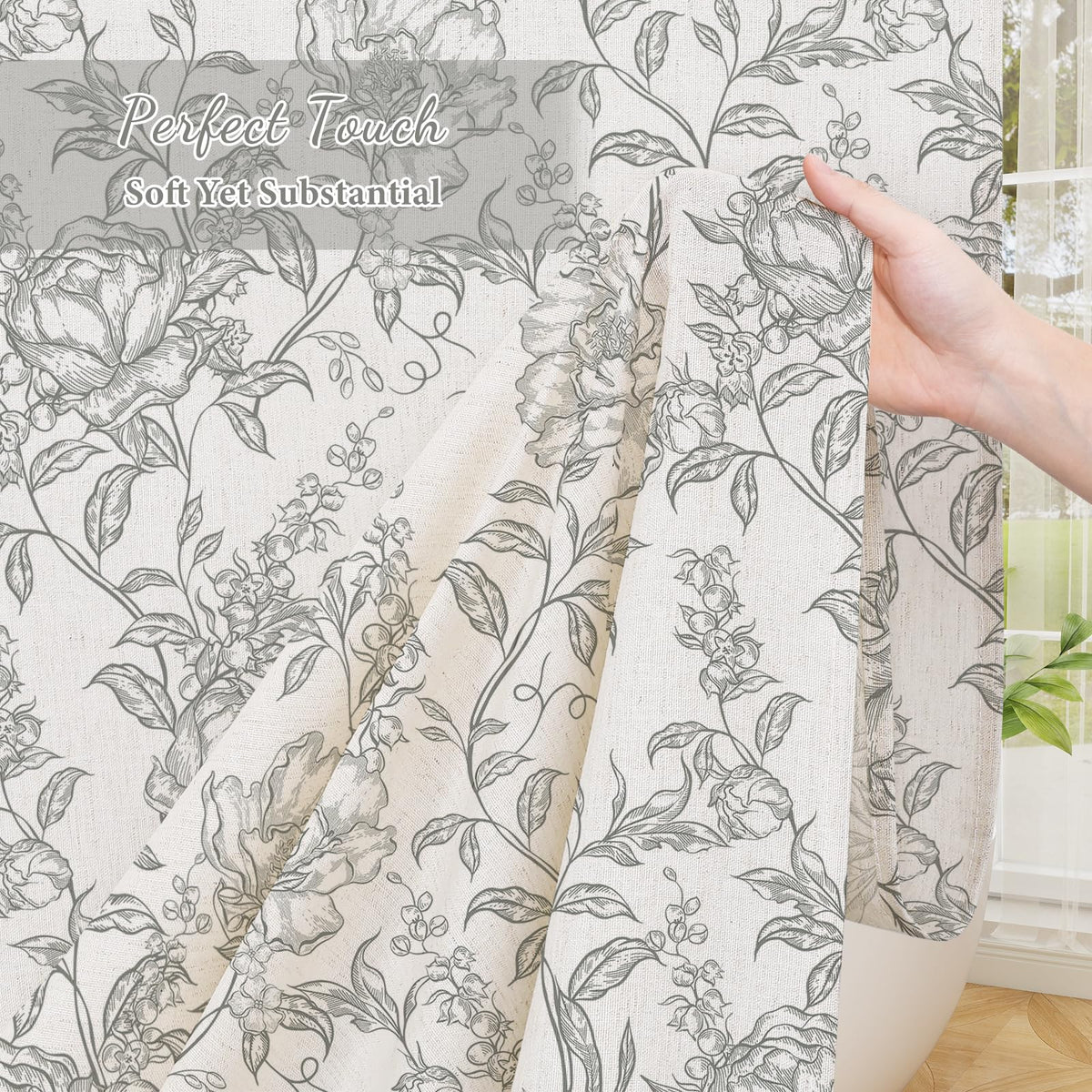 Blue Floral Linen Blend Shower Curtain