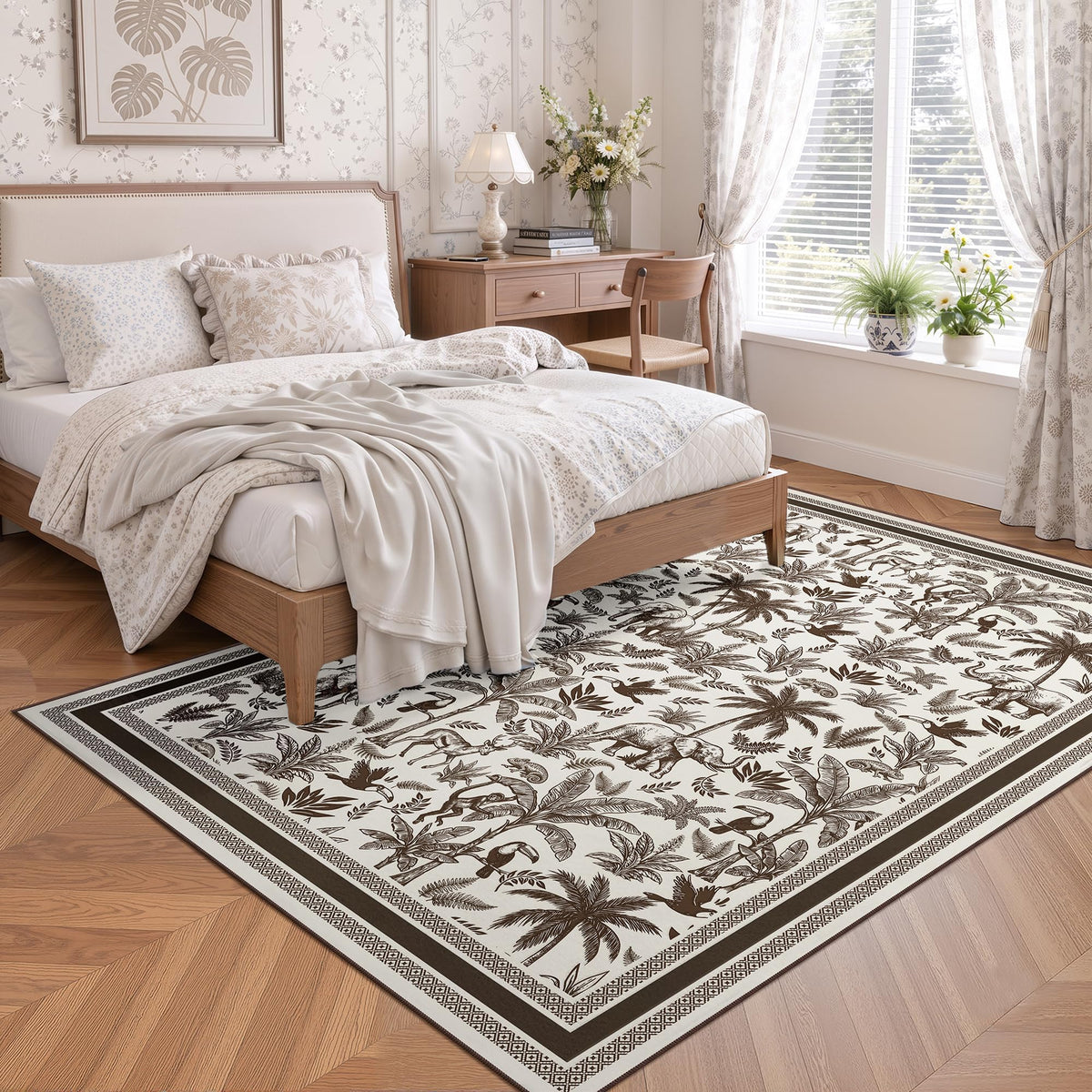 Washable French Toile Area Rug