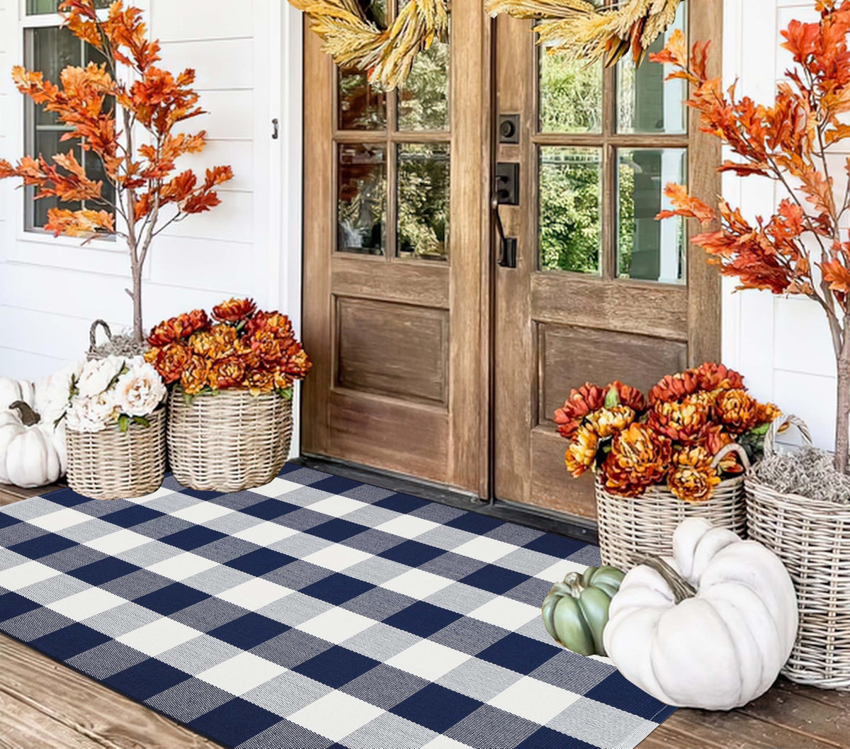Light Blue Buffalo Plaid Cotton Door Mat, 24x35