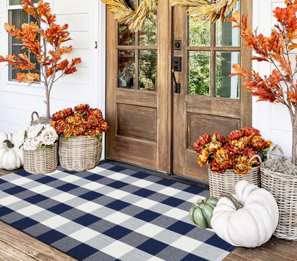 Light Blue Buffalo Plaid Cotton Door Mat, 24x35