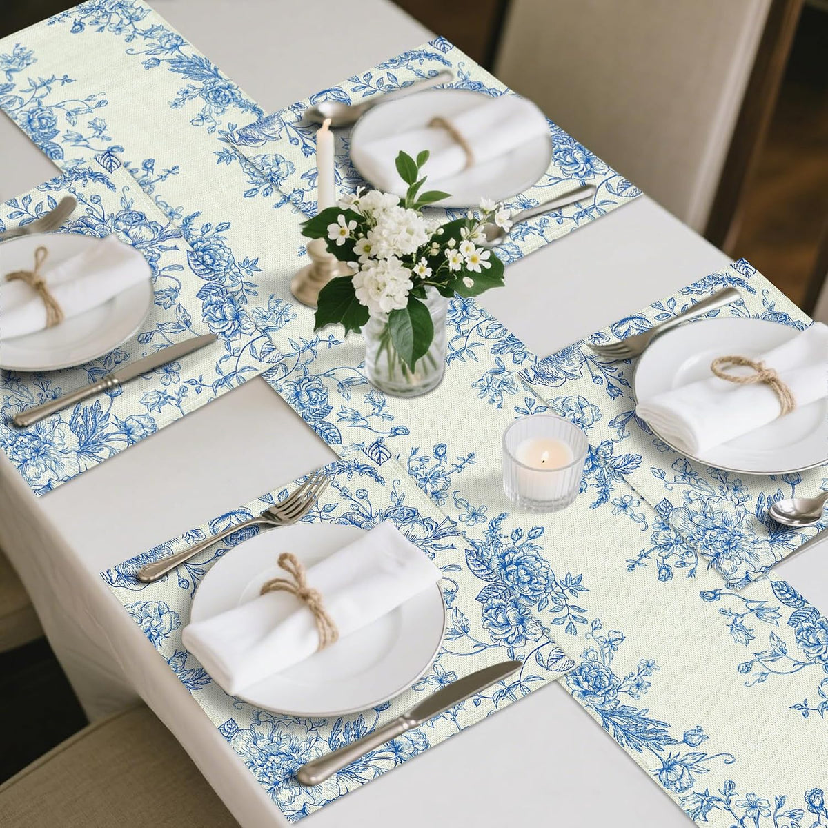 Blue and White Chinoiserie Table Runner and 8 Napkins