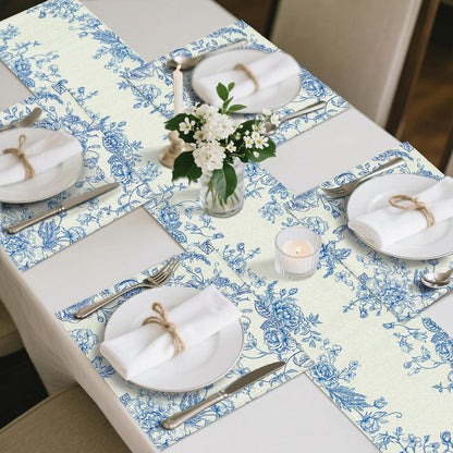Blue and White Chinoiserie Table Runner and 8 Napkins