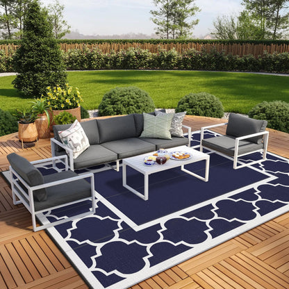 Blue and White Reversible Outdoor Rug, 5x8