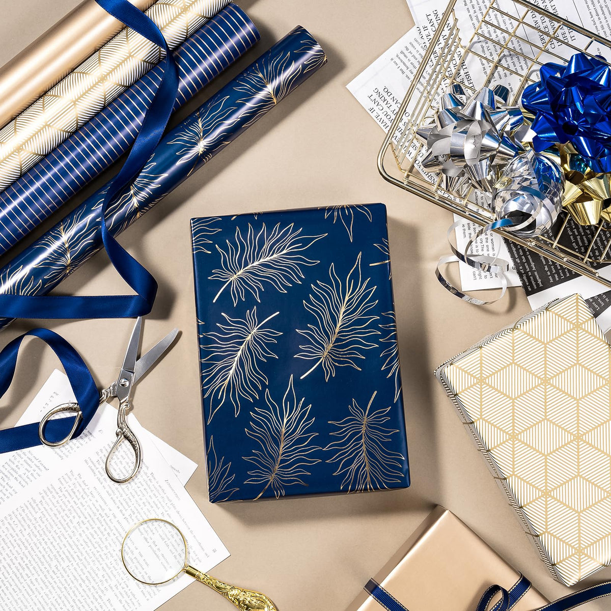 Christmas Wrapping Paper Rolls, Blue and Silver, 4 Rolls