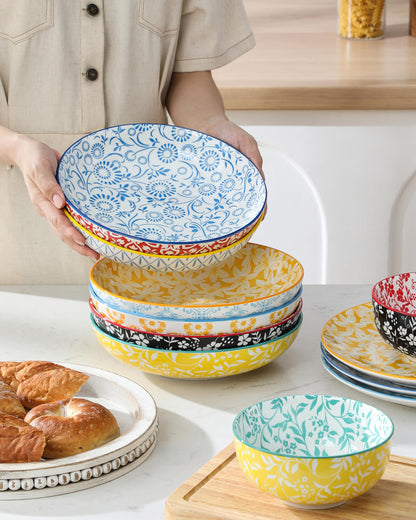Blue and White Floral Pasta Bowls, Set of 6