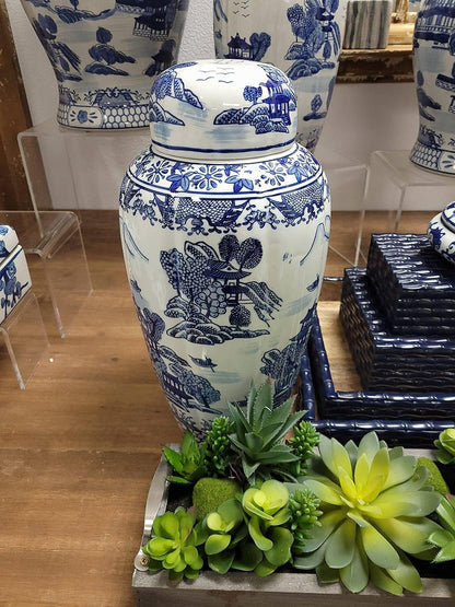 Galt Blue and White Temple Landscape Ginger Jar, 16 Inch