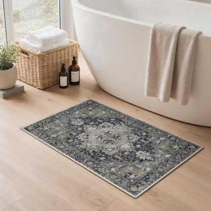 Blue Floral Boho Bath Mat, 24 x 17