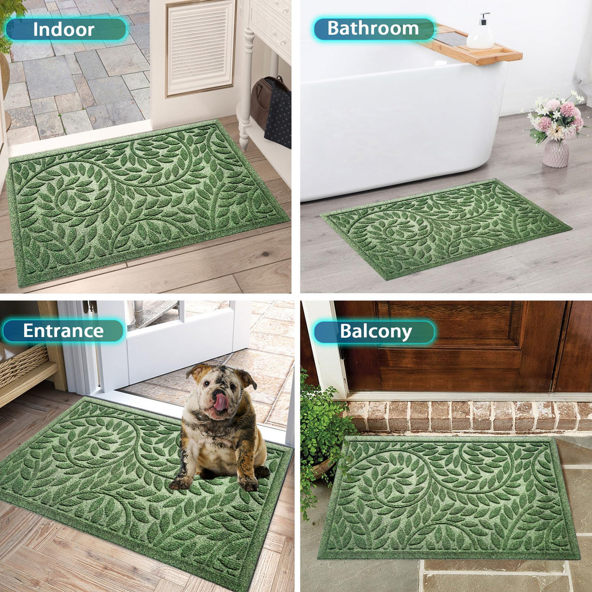 Blue Leaf Front Door Mat, Non-Slip Rubber