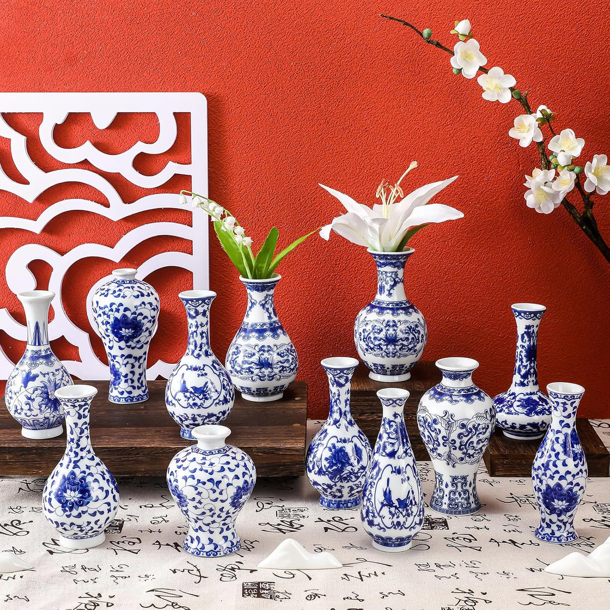 Mini Blue and White Chinoiserie Vases, Set of 12