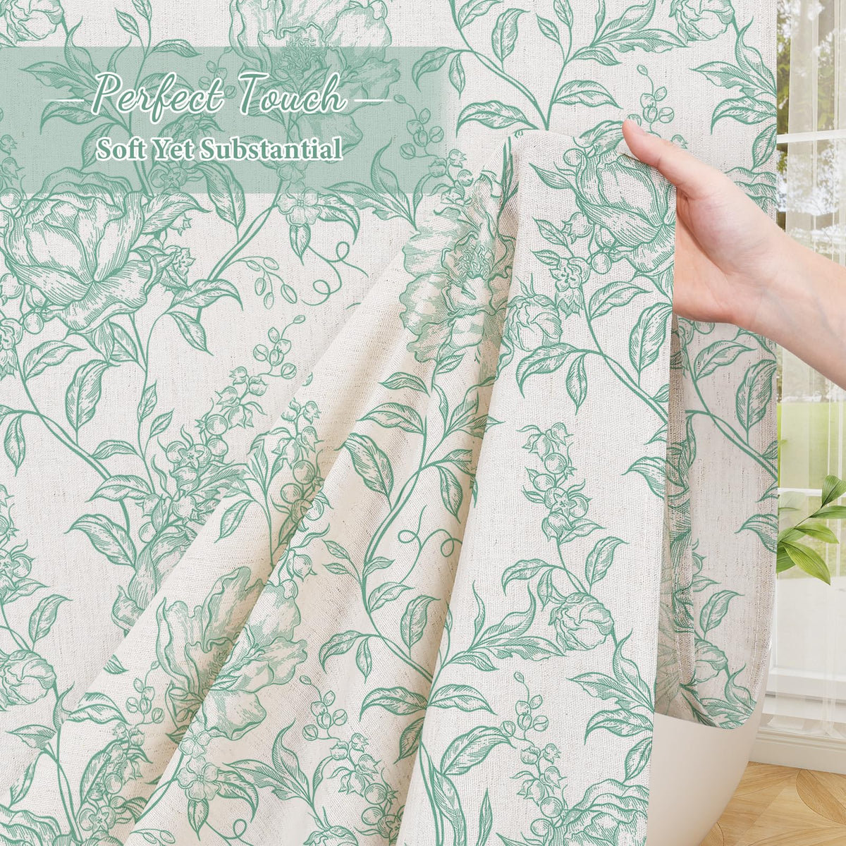Blue Floral Linen Blend Shower Curtain