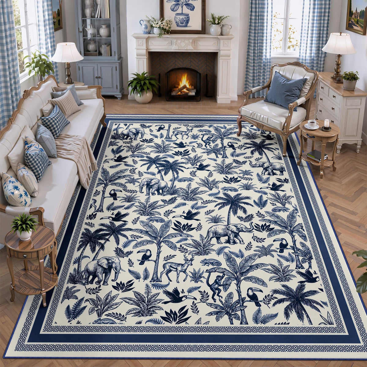 Washable French Toile Area Rug