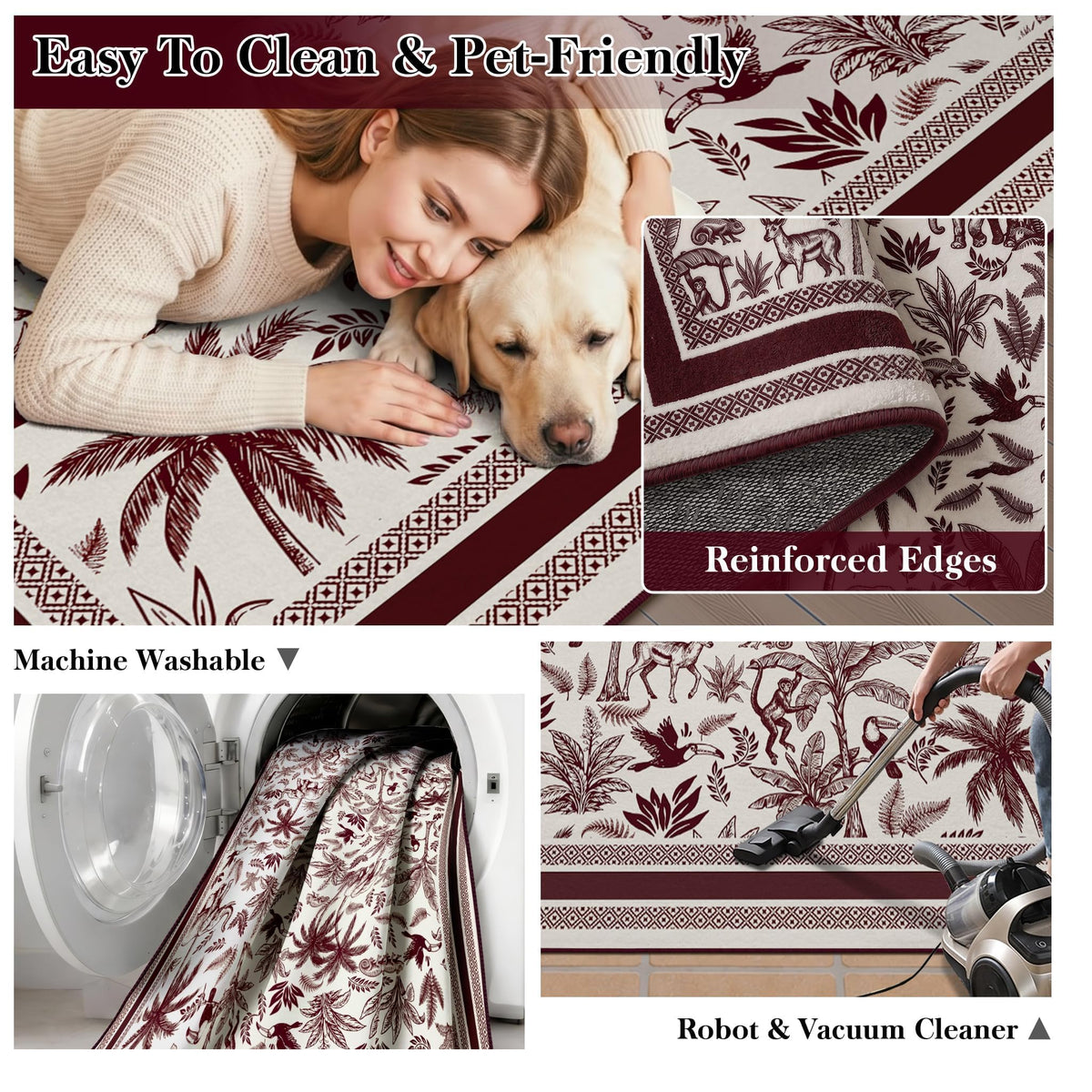 Washable French Toile Area Rug