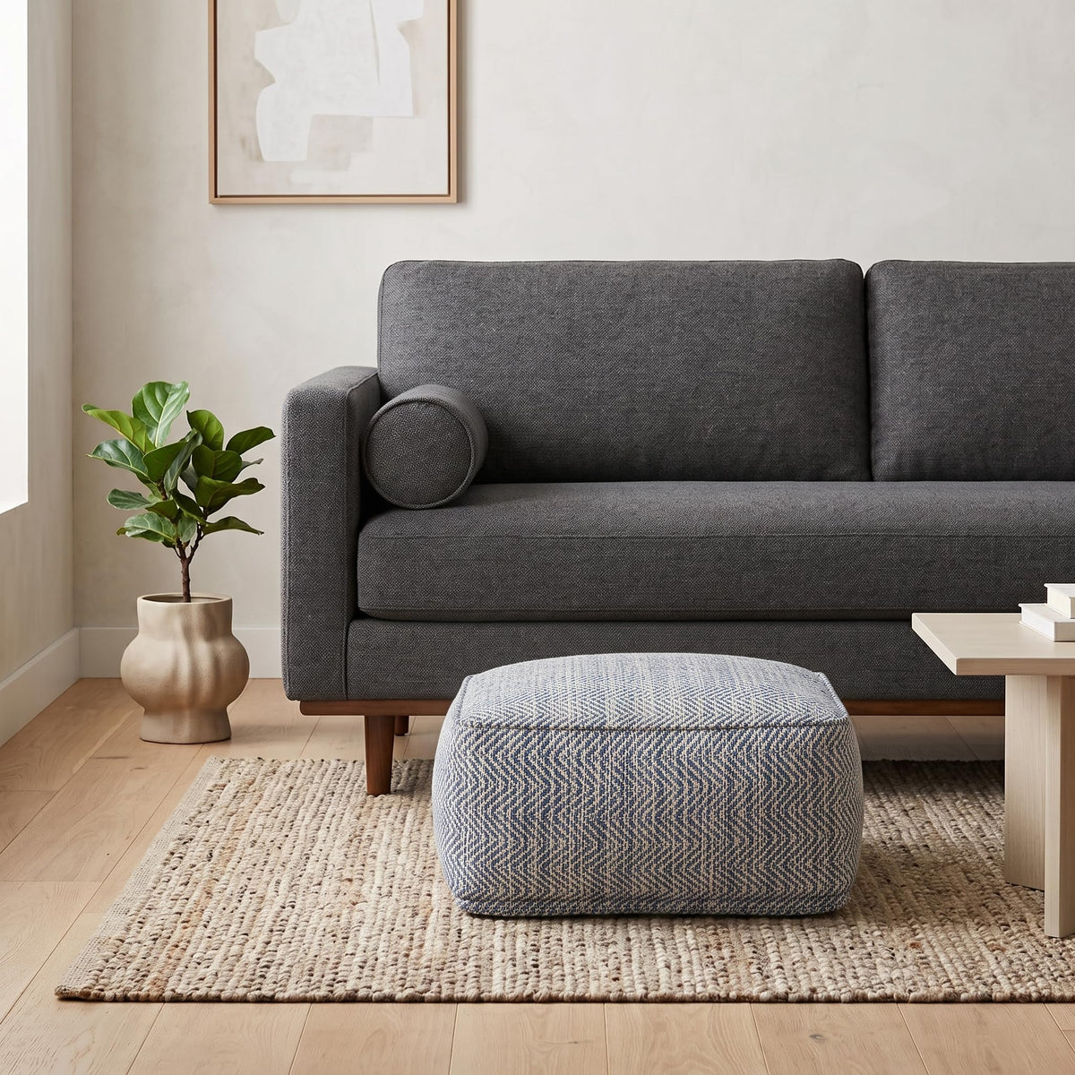 Simpli Home Cowan Blue Wool Square Pouf